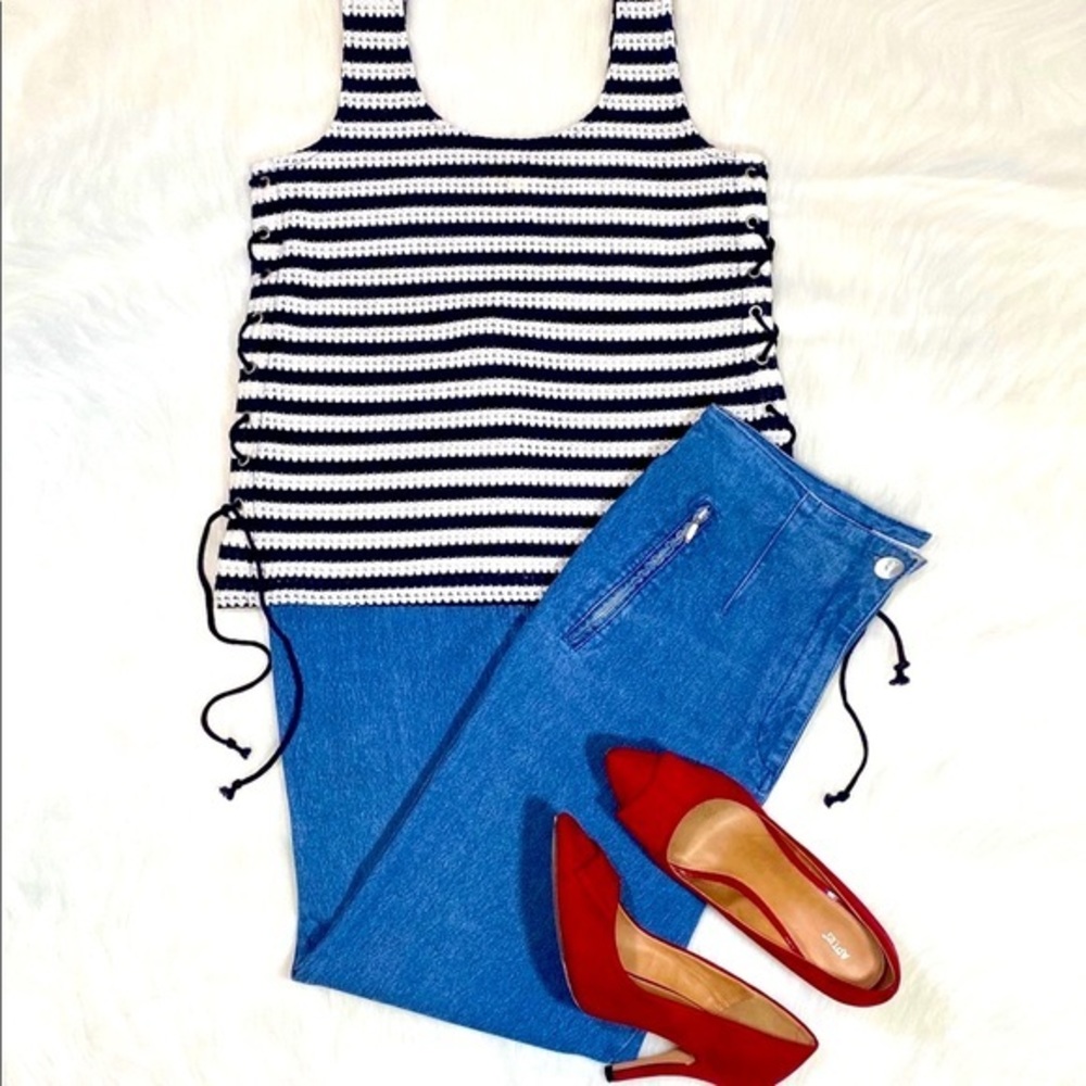 Laceup Cutout Tank Top Lace Up Sides Knit Striped - Picture 2 of 12